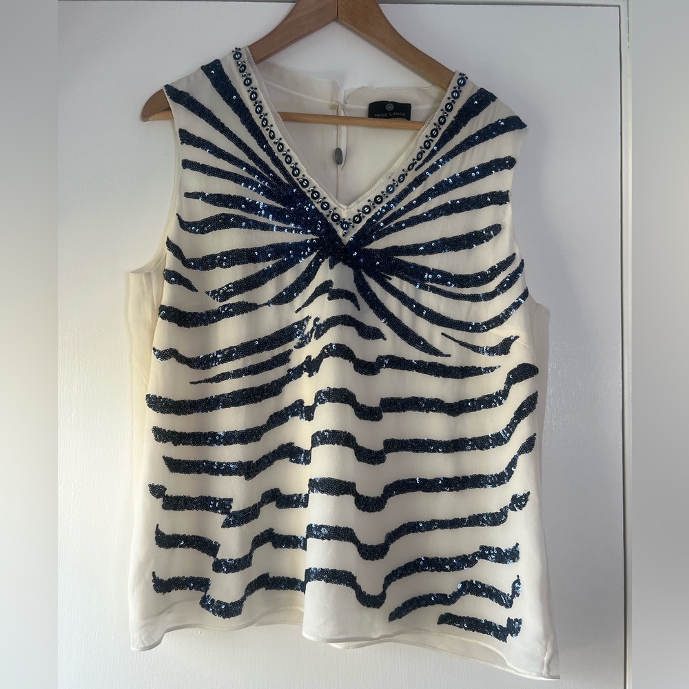 Rena Lange 100% Silk Sleeveless Blouse Tank Top Cream Ivory Blue Metallic Sequin